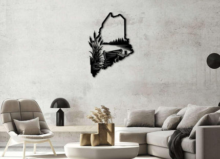 Maine Landscape Lake Boat Metal Wall Art Decor Metal Outdoor Decor Metal Signs Rustic Style Stunning Elegant Wall Decor for Living Room Office Home Decoration Art Piece (Black,12inch)