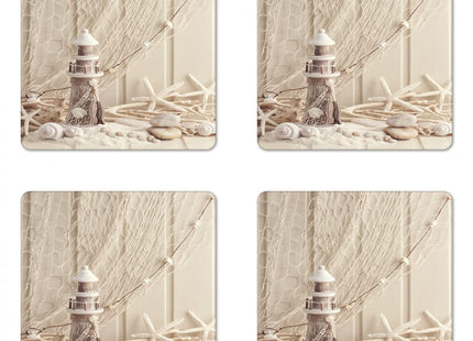 Ambesonne Snowman Coaster Set of 4, Winter Vacation Holiday Theme Snowman with Seashells Sitting on Sandy Beach Coastal, Square Hardboard Gloss Coasters, Standard Size, Blue Sand