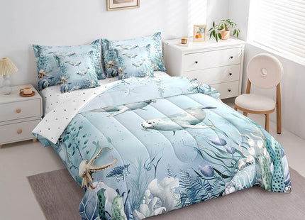 Ursine Seal 7 Piece Comforter Set Full Bed in a Bag,Teal Blue Ocean Beach Coastal Bedding Set Starfish Octopus Tentacles Sheet Sets with Comforter Creature Coral Bed Set,Kawaii Fish Room Decor
