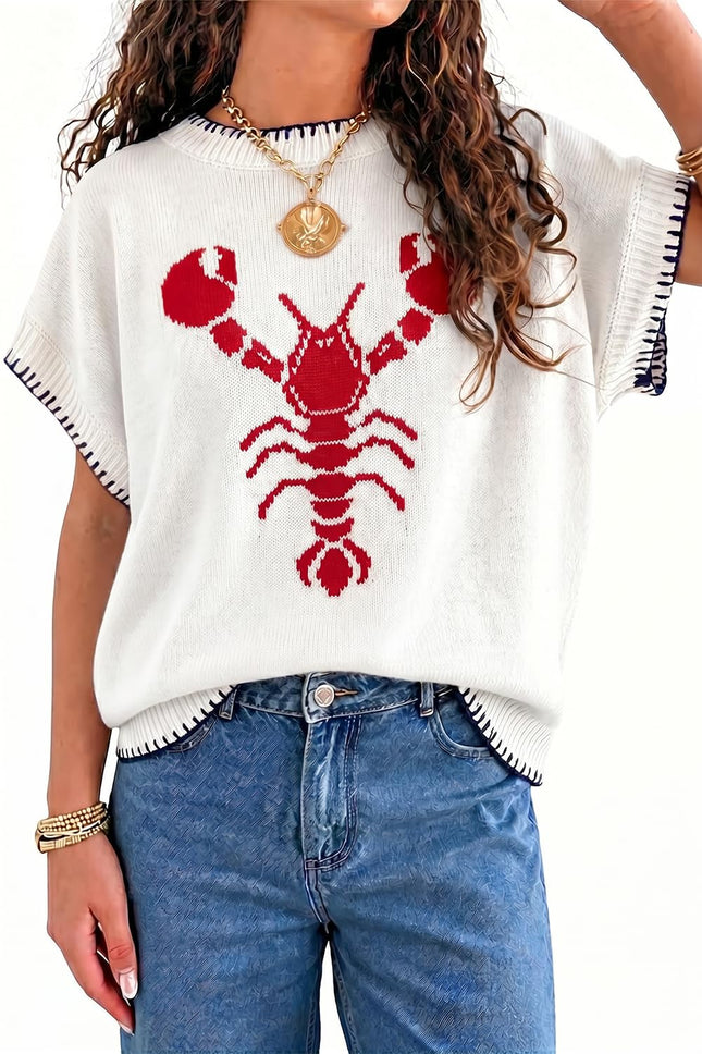 Womens Lobster Sweater Vest Casual Crawfish Knit Shirts Tops White Red XL