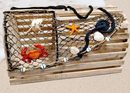 Decorative Lobster Trap Nautical Coastal Decor – Distressed Wood with Fishnet, Seashells, Crab & Starfish Accents – Perfect Beach House, Boat Decoration – Unique Ocean-Themed Gift for Sea Lovers