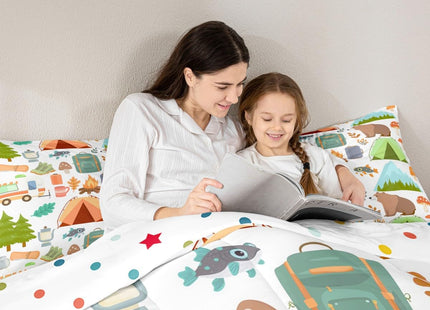 Cute Camper Car Comforter Set Full, Happy Camping Bedding Sets for Kids Girls Boys, Woodland Bear Hunting Theme Quilt Set, Camper Accessories Bedding, Travel Trailers Rv Decoration Down Comforter