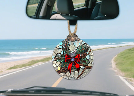 Christmas Pinecone Bow Stained Glass Window Hanging Suncatcher Gifts 3.2"
