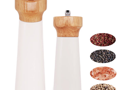 White Salt Grinder Wooden Pepper 8"+6" Salt Grinder Set Pepper Mill Salt & Pepper Shakers - Stainless Ceramic Refillable Stylish for Sea Salt Black Pepper -By Tessïe & Jessïe Lighthouse