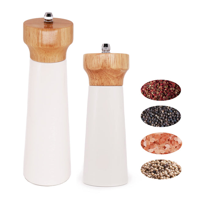 White Salt Grinder Wooden Pepper 8"+6" Salt Grinder Set Pepper Mill Salt & Pepper Shakers - Stainless Ceramic Refillable Stylish for Sea Salt Black Pepper -By Tessïe & Jessïe Lighthouse