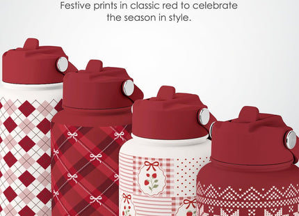 Stainless Steel Water Bottle 32 Ounces with Lid & Straw, Sport Insulated Bottles for Girls Women (Xmas Reindeer Pattern)