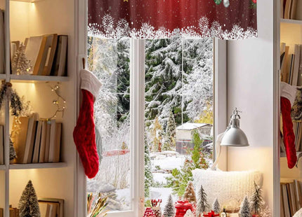Christmas Curtain Valance for Windows Xmas Baubles Coniferous Rod Pocket Valance Window Treatments White Snowflake Pine Tree Twig Red Short Curtains for Kitchen Windows Bathroom Bedroom 42x12in