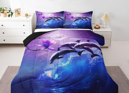 Galaxy Dolphin Bedding Set Twin Coastal Ocean Waves Comforter Set Night Star Moon Cherry Blossoms Comforter For Kids Girls Teens Sea Animal Starry Sky Quilt Duvet Purple Blue Marine Room Decor 2 Pcs