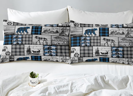 Hunting Wolf Bear Deer Bedding Set For Kids Boys Retro Blue Black Grey Plaid Buffalo Plaid Lodge Comforter Cover King Rustic Farmhouse Cabin Duvet Cover Woodland Animal Bed Set 2 Pillow Cases