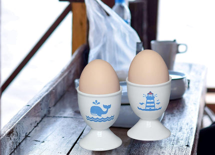 Cinf Ceramic Egg Cups, 2 Pack, Lighthouse Whale Holders for Boiled Eggs