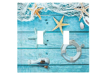 Turquoise Teal Fishing Net Wood Plank 2 Gang Double Toggle Light Switch Cover Electric Wall Plate Electrical Faceplate for Bathroom Home Living Room Jumbo Size Decor