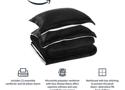 Amazon Basics 3-Piece Micromink Sherpa Down Alternative Comforter Bedding Set, Ultra-Soft, Warm All Season, Machine Washable, King, Black, Solid
