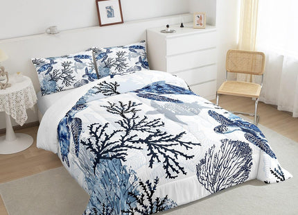 Homewish Sea Turtle Comforter Set Full Size,Coral Bedding Set 3pcs for Kids Boys Girls Adults Room Decor,Ocean Creature Quilt Set White Navy Blue Microfiber Duvet Insert with 2 Pillowcases