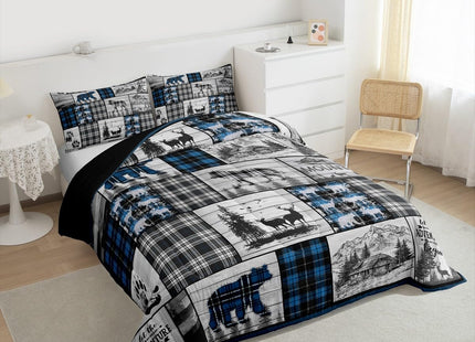 Hunting Wolf Bear Deer Moose Comforter Set For Kids Boys Retro Blue Black Grey Plaid Buffalo Plaid Lodge Quilt Comforter Full Rustic Farmhouse Cabin Bedding Set Woodland Animal Duvet Set 3 Pcs