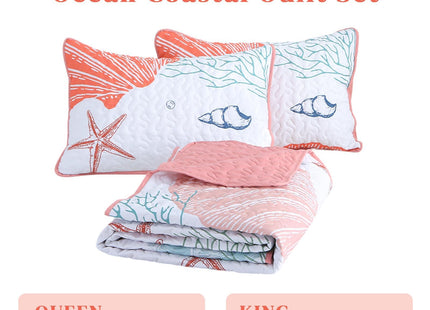 Heymybed Coastal Quilt Set King Size Beach Coverlet Pink Starfish Coral Seashell Bedspread Ocean Beach Themed Bed Cover Microfiber Soft Lightweight Bedding Sets for All Seasons (106"×92")