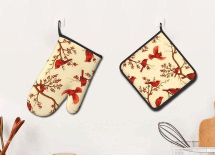 Red Cardinal Oven Mitts and Pot Holders Sets of 3, Non-Slip Christmas Heat Resistant Kitchen Gloves Hot Pad, Cardinal Gifts for Women, Rustic Christmas Kitchen Decor, Baking Cooking Grilling Gifts