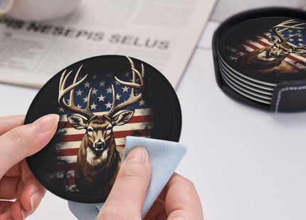 Neukim 6 Pcs American Hunting Deer Leather Coasters for Drinks with Holder Round Mug Mat Table Desk Coasters Set Cup Coasters for Living Room Kitchen Coffee Decor