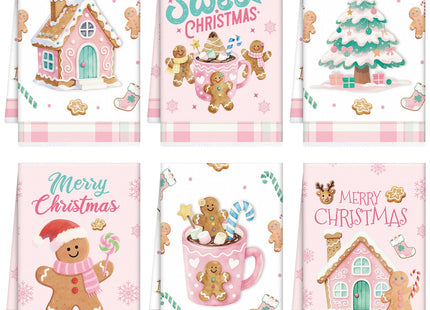 InIsaJace Pink Christmas Kitchen Towels, 6PCS Gingerbread Hand Tea Towels Set Xmas Housewarming Gifts, Candy Cane Kitchen Dish Clothes Bathroom Holiday Decor Supplies