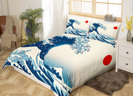 Castle Fairy Waves Pattern Bedding Set Twin Size for Kids Boys Bedroom,Japanese Ukiyo-e Bed Duvet Cover Set,Red Sun Comforter Cover Ocean Decor 2 Pieces 1 Duvet Cover with 1 Pillowcase No Comforter