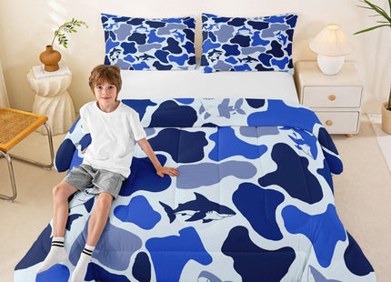 Navy Blue Camo Full Size Comforter Set,Shark Camouflage Bedding Comforters Bedroom Collection,Sea Nautical Marine Animal Duvet Insert,Ocean Adventure Room Decor 3 Pcs Bedding Set for Girls Teens