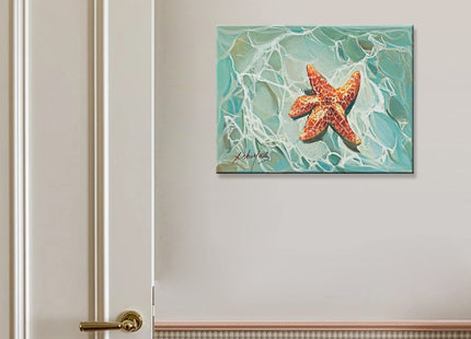 JZLDZS Starfish Canvas Wall Art, Green Orange Ocean Decor 12x16 Inch Framed