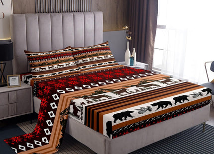 Western Sheet Set Full,Tribal Rustic Cabin Fitted Sheet for Boys Teens,Abstract Bear Elk Deer Bed Sheets Exotic Aztec Geometric Floral Bed Cover Woodland Wild Animal Room Decor,Brown