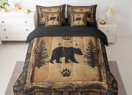 Feelyou Kids Rustic Bear 7 Piece Bedding Set Twin Size Farmhouse Forest Animal Black Bear Comforter Set with Sheets Boys Girls Hunting Country Brown Bed in a Bag