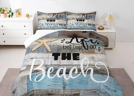Castle Fairy Rustic Farmhouse Comforter Set King Size Beach Life Bedding 3pcs for Room Decor Blue Grey Stripes Quilted Duvet Ocean Starfish Cabin Wood Insert,2 Pillowcases(CYJS9693ZMD-BZ_USk)