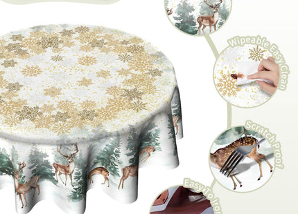 Imiss Winter Wondland Reindeer Round Tablecloths 60 Inch Christmas Snowflake Pine Tree Washable Table Cover Decoration Table Cloth for Dining Kitchen Holiday Picnic Indoor Outdoor Decor