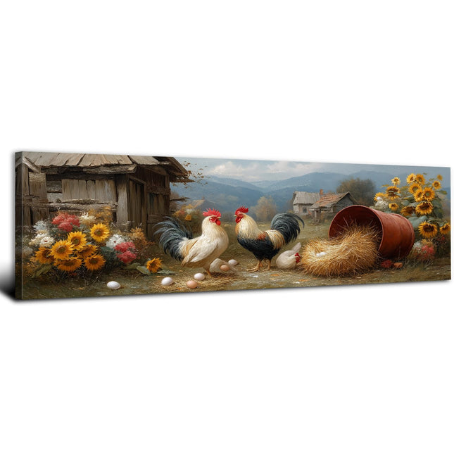 Country Kitchen Rooster Wall Decor Rustic Chicken Wall Art for Dining Room Rustic Cabin Coop Sunflower Picture Old Barn Canvas Picture Vintage Farm Animal Poster Artwork Living Room Decorations 14x48"