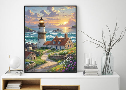5D Ocean View Lighthouse Diamond Painting Kits For Adults Beginner,DIY Sunset,Housing,Flowers Diamond Art Kits For Adults,Round Full Drill Diamond Dots With Gem Art kits,Home Wall Decor 12X16inch