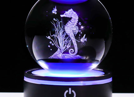 YWHL 3D Seahorse Crystal Ball Figurine with LED Base, Seahorse Gifts for Women Men on Christmas Birthday, Glass Sea Horse Decor Globe Night Light for Home Office (80mm)