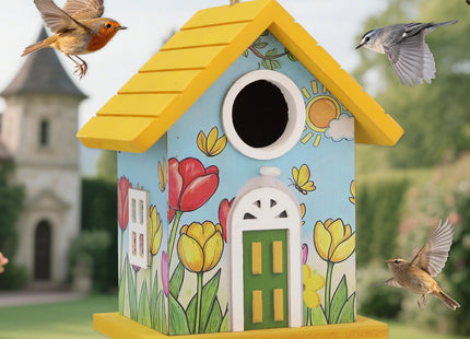Wooden Bird Houses Bird House for Outside Yellow Wood Bird House for Outdoors,Handmade Painted Tulips Bird Houses for Garden Blue Bird Hummingbird Wren Cardinal Swallow Sparrow Finch Chickadee