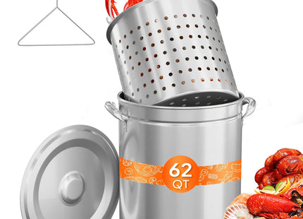ROVSUN 62QT Stainless Steel Seafood Boil Pot With Strainer Basket, Lid & Hook, Versatile Stock for Crab, Lobster, Shrimp Boiling, Heavy-Duty Turkey Fryer for Outdoor Cooking & Gatherings