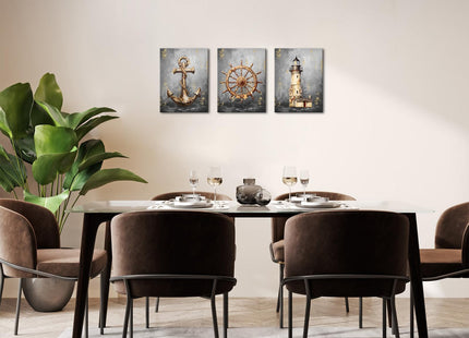 Canvbay Nautical Wall Art Decor Lighthouse Anchor Ship Wheel with Gold Foil Canvas Prints Grey Ocean Theme Painting Pictures Shell Poster Artwork for Home Bathroom Living Room 12x16inchx3pcs