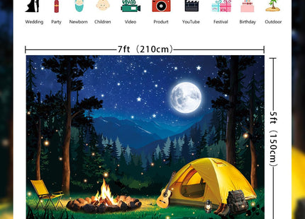 Forest Scene Camping Backdrop Night Campfire Tent Camping Adventure Bammer