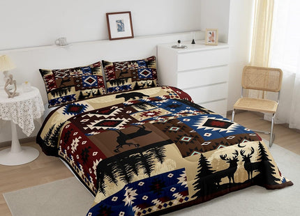 Feelyou Cute Deer Bear Comforter Set for Girls Boys Kids Toddler Size Southwestern Comforter Room Decorative Wild Animal Rustic Cabin Country Geometric Bedding Set Brown Plaid Duvet Set 2Pcs Quilt Set