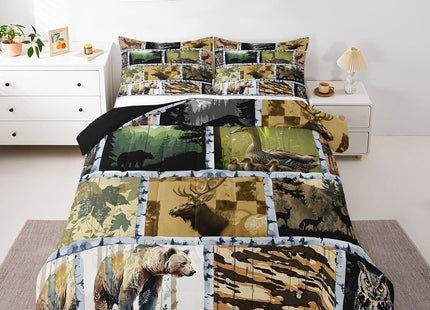 Bear Farmhouse Bedding Set King for Women Men,Duck Elk Deer Wildlife Animals Woodland Comforter Set Western Decor,Pine Tree Jungle Plant Down Comforter Wooden Cabin Farm Country Style Duvet Insert