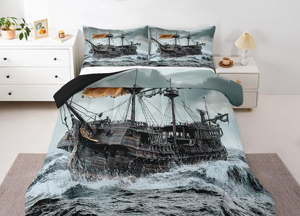 Sailboat Bedding Set Nautical Down Comforter Sailing Ship Comforter Set for Kids Boys Girls Wooden Boat Pirate Yacht Adventure Theme Quilt Set Bedroom Decor with 1 Comforter and 2 Pillow Cases Queen