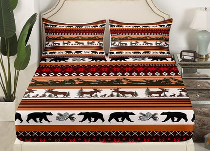 Western Sheet Set Full,Tribal Rustic Cabin Fitted Sheet for Boys Teens,Abstract Bear Elk Deer Bed Sheets Exotic Aztec Geometric Floral Bed Cover Woodland Wild Animal Room Decor,Brown