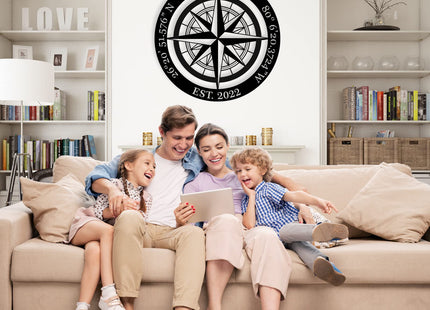 Compass Metal Sign, Nautical Compass GPS Coordinates Sign with Last Name Date, Nautical Wall Decor, Metal Compass Decor, Outdoor Large Metal Signs, Personalized Wedding Gift, Housewarming Gift