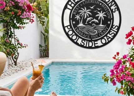 Personalized Pool Oasis Metal Sign | Backyard Poolside Wall Art | Custom Outdoor Decor | Tropical Themed Plaque for Coastal & Lake House | Yard & Patio Ornament | 8-24 Inch (Backyard Oasis C)