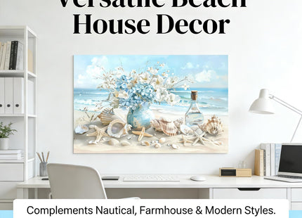 Blue Ocean Beach Bathroom Canvas Wall Art Seaside Seashell Painting Picture Wall Decor Starfish with White Flower Coastal Poster Print Artwork for Living Room Bedroom Bathroom Decor 12x16 in Canvas