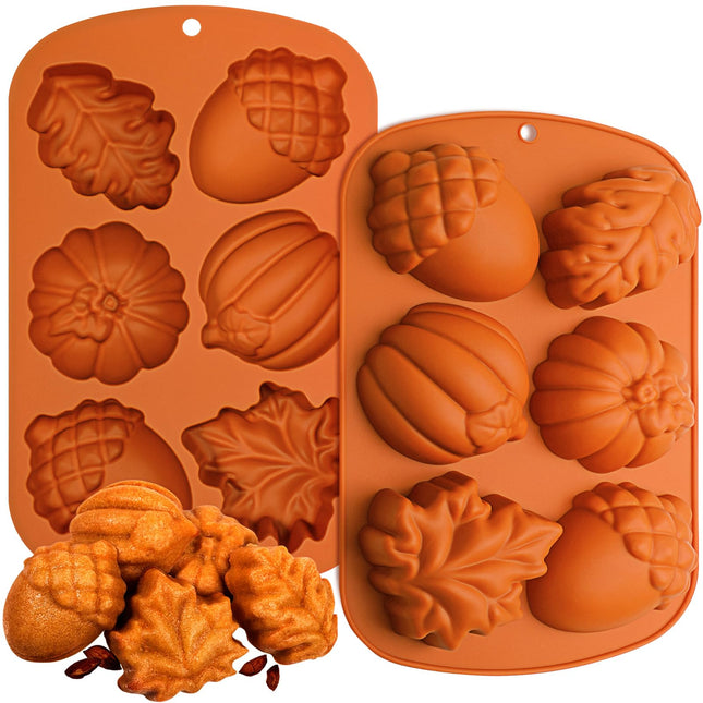 Webake Fall Silicone Molds Harvest Cake Pan, 3D Maple Leaf Acorn Pumpkin Mold for Autumn Treats, Plaster, Halloween, Thanksgiving, 2Pcs