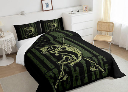 Camo American Flag Comforter Set Trout Hunting Bedding Sets Fishing Rod Camouflage Down Comforter for Kids Boys Men Room Decor Army Military Camo Duvet Sets with 2 Pillow Cases Full Size