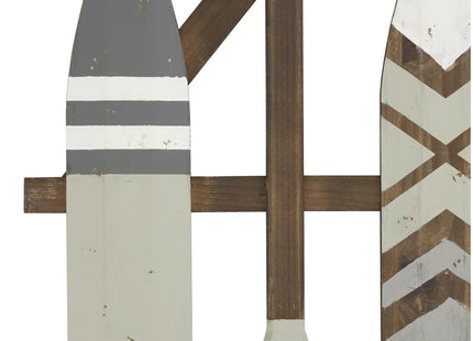 Deco 79 Wood Paddle Home Wall Decor Arrow and Stripe Patterned Wall Sculpture with Muted Blue Accents, Wall Art 21" x 1" x 36", Light Gray