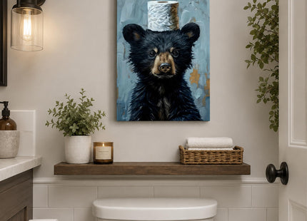 Funny Bathroom Bear Canvas Wall Art, Black Bear with Paper Poster Print Artwork, Humor Animal Painting Picture Wall Decor, for Kids Restroom, Cabin, Bathroom, Home Decoration, 12x16in