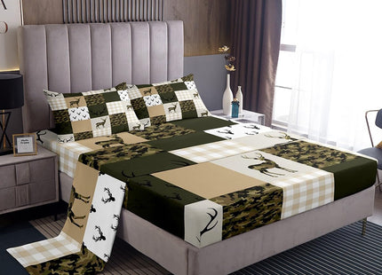 Camouflage Sheet Set Twin Size Woodland Camo Bed Sheet Set 3pcs with Deep Pocket Fitted Sheet + Flat Sheet + 1 Pillowcase Green and Beige Plaid Deer Print Bedding Set for Kids Boys Teens Room Decor