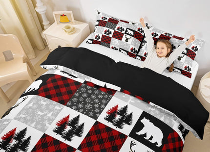 Erosebridal Christmas Duvet Cover Full for Boys Girls Wild Animal Bear Deer Print Bedding Set Christmas Decor Comforter Cover Grids Patchwork Bedspread Cover 3 Piece Winter Themed Xmas Bedding