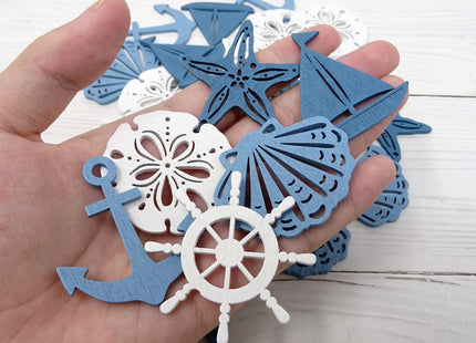 yueton 48 PCS Wooden Ocean Decoration Ornaments,Nautical Wooden Cutouts Crafts,Nautical Wood Cutout for House and Theme Parties Decoration